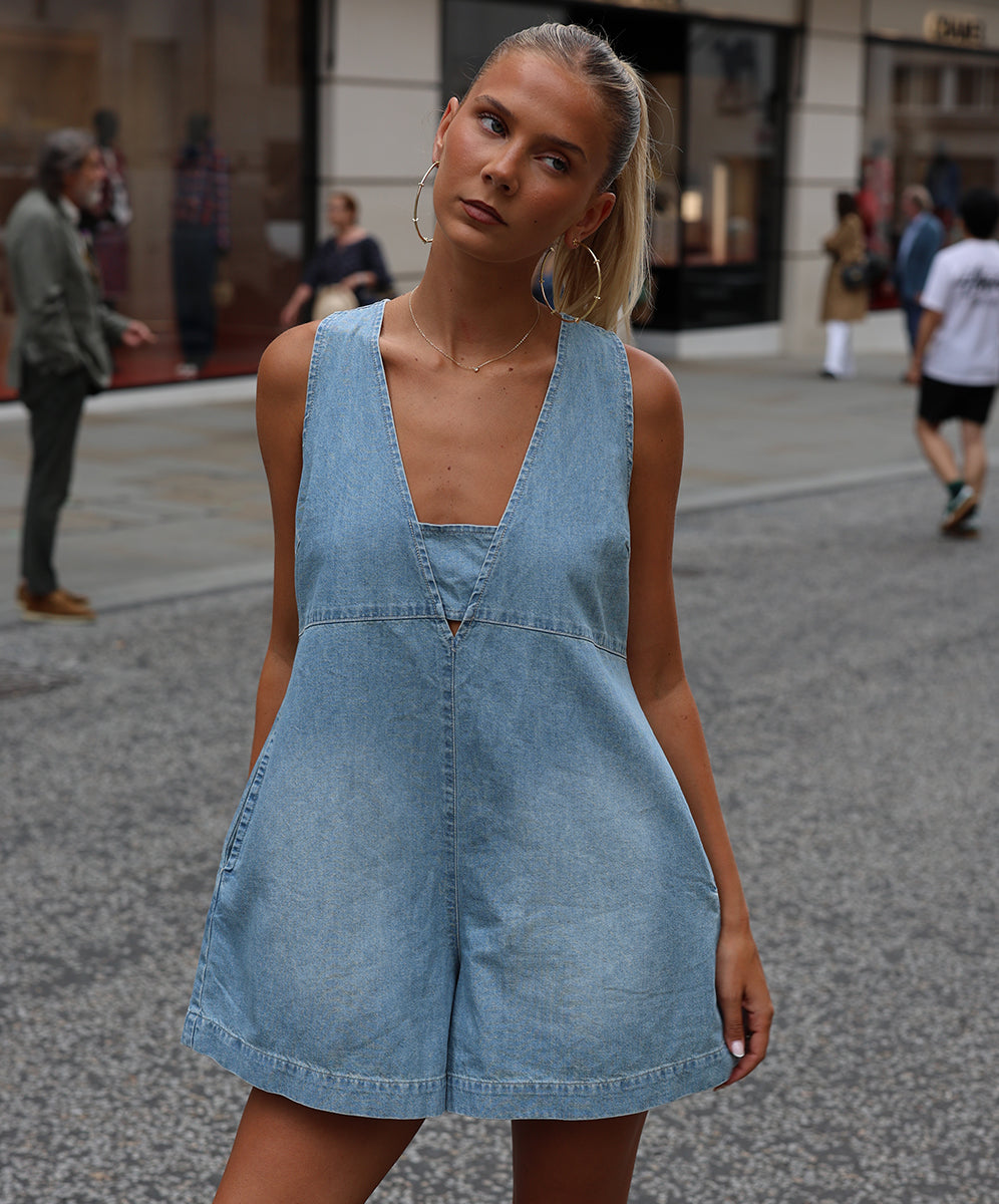 Cascade Sleeveless Mini Denim Playsuit - Chambray Blue