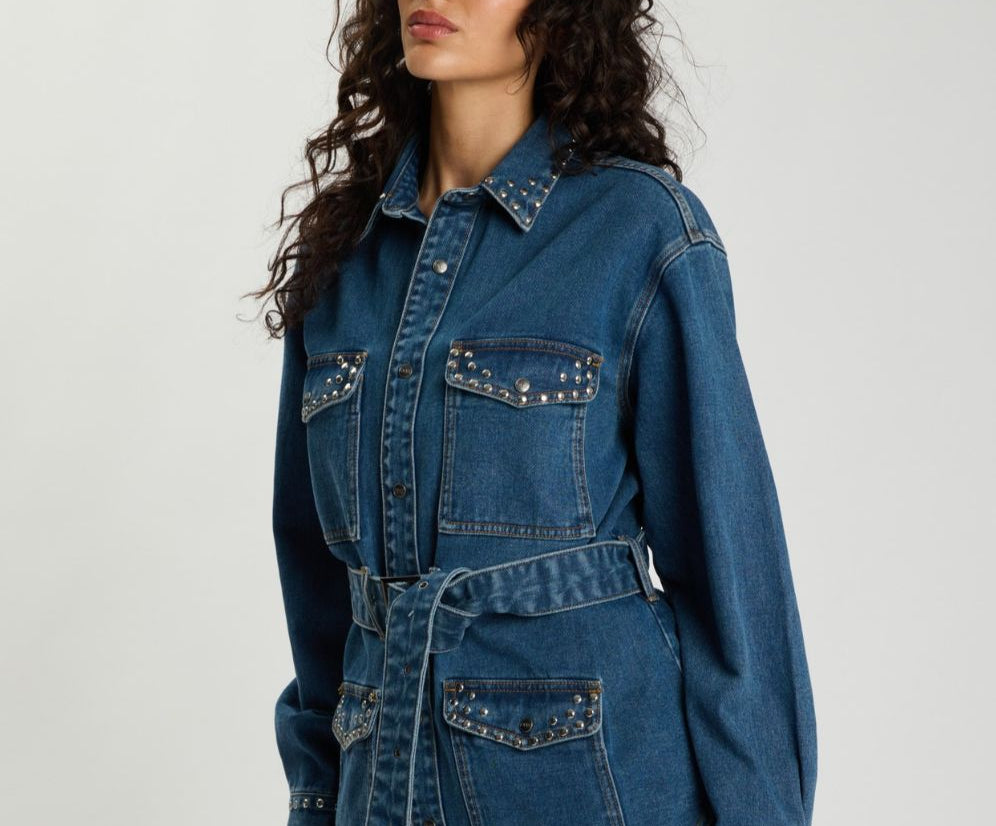 Chrome Edge Studded Belted Denim Jacket - Eclipse Blue