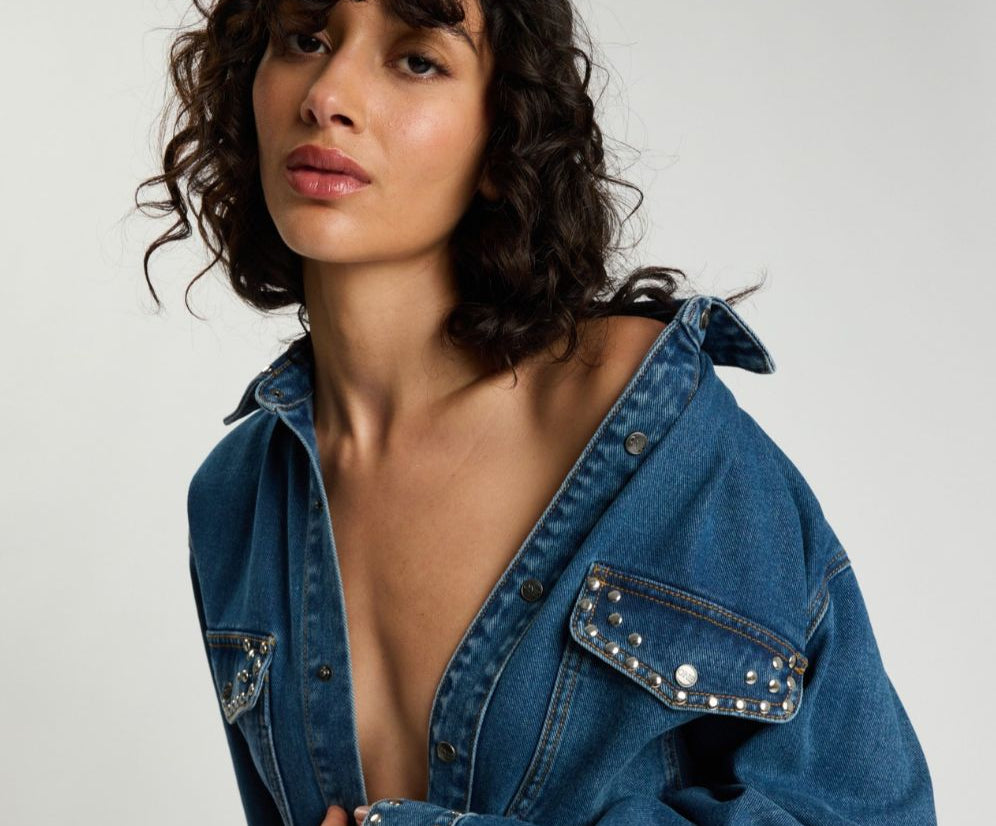 Chrome Edge Studded Belted Denim Jacket - Eclipse Blue