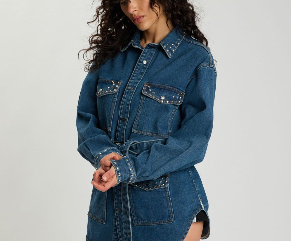 Chrome Edge Studded Belted Denim Jacket - Eclipse Blue