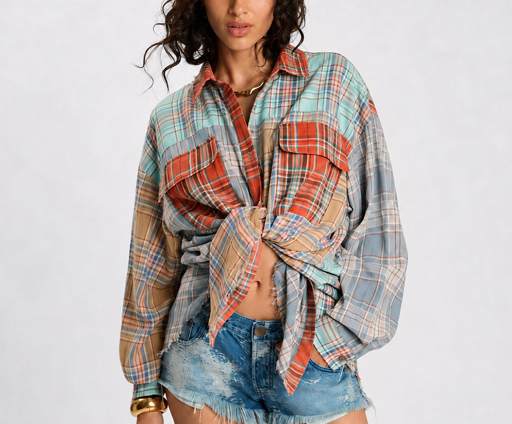 Sunset Madras Check Tie Back Shirt - Coral Teal