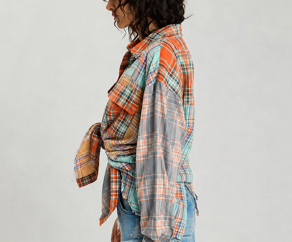 Sunset Madras Check Tie Back Shirt - Coral Teal